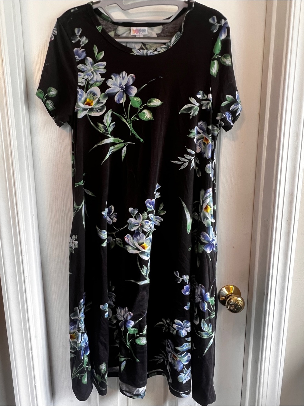 LuLaRoe Black Floral Midi Jessie Dress with Blue and Green Accents